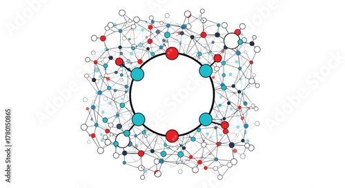 A central circular network of interconnected nodes expands into a complex, decentralized web, symbolizing technology, data, and global communication.