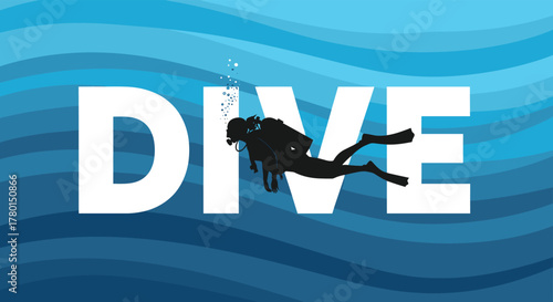 A silhouette of a scuba diver replaces the 'I' in the word 'DIVE' against a wavy blue background, representing an underwater adventure.
