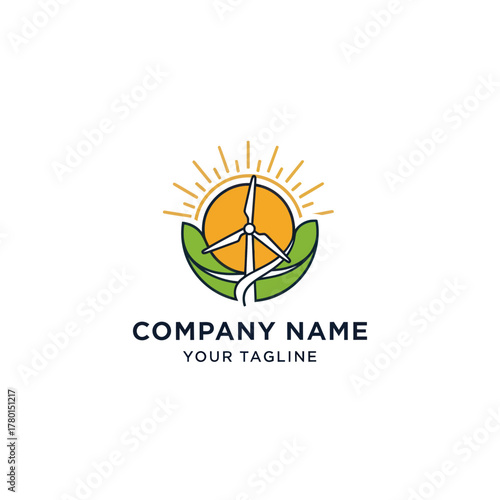 Eco friendly wind turbine logo with sun and leaves for energy company.