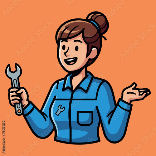 Happy female mechanic with a wrench, ready for work in her blue uniform, isolated on orange background, illustration