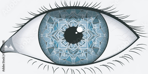A clean and modern illustration of a human eye featuring a detailed geometric iris and balanced symmetry