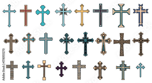 Diverse collection of decorative Christian cross designs, showcasing various shapes, colors, and intricate patterns, isolated on white.