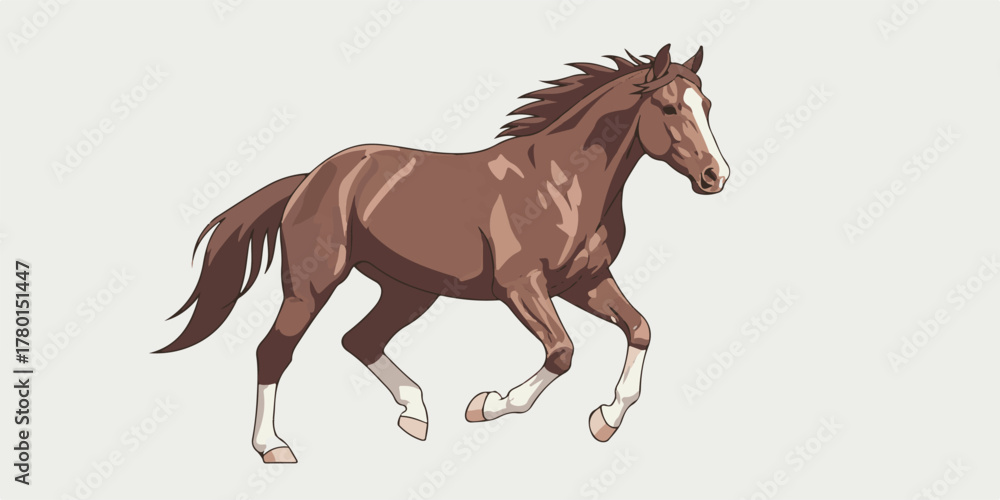 Obraz premium An elegant horse captured in a dynamic running pose, designed in a clean minimal style with soft earthy tones and smooth lines