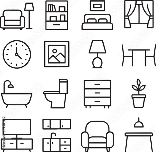 Vector monochrome line icon set about home interior