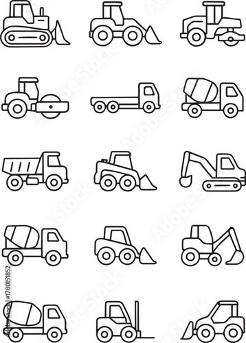 Vector monochrome line icon set about heavy vehicles