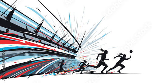Dynamic abstract illustration of athletes in motion, combining speed and energy in a modern sports design with a stadium background.