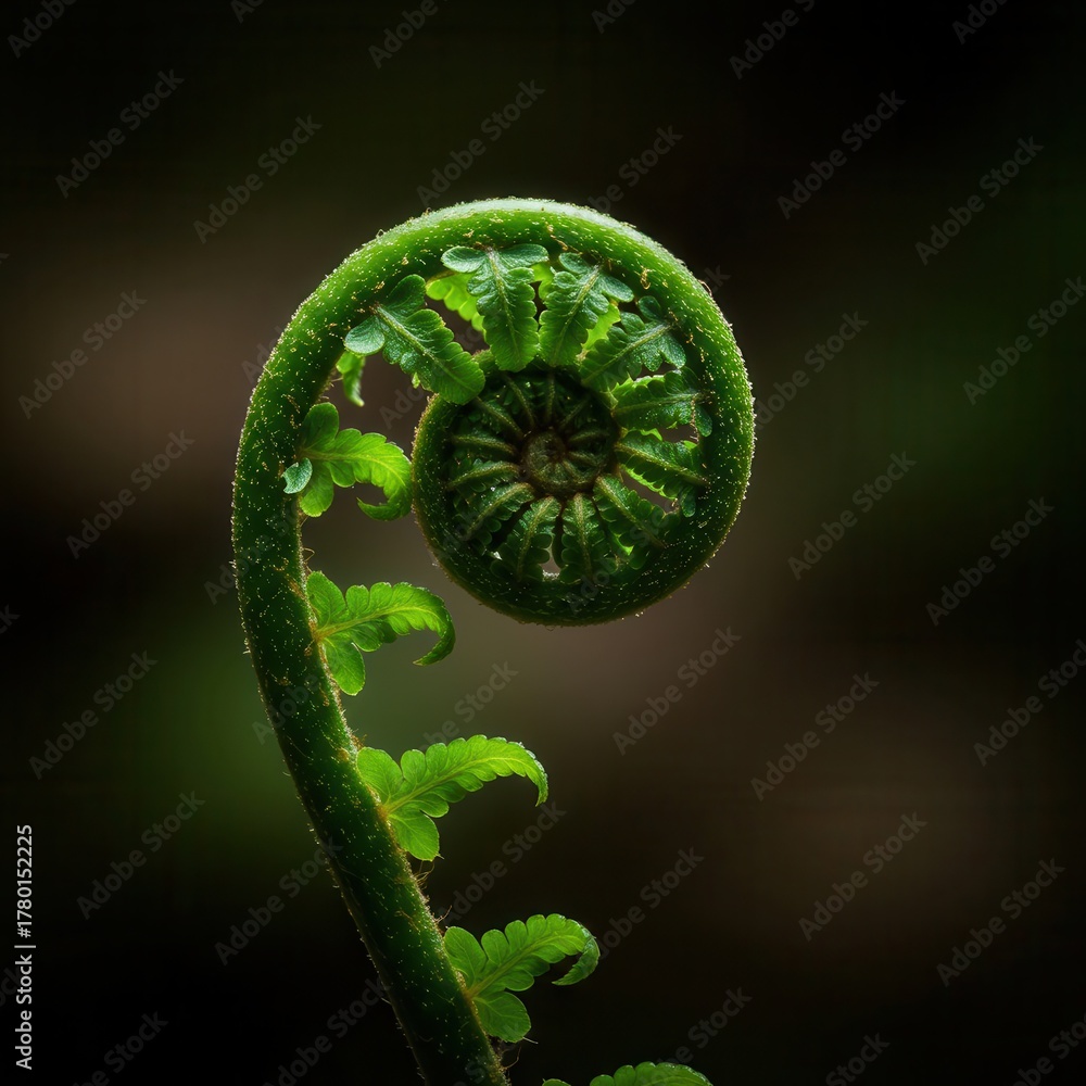 Fototapeta premium Vibrant green fern frond unfurls in a tight spiral against a dark background
