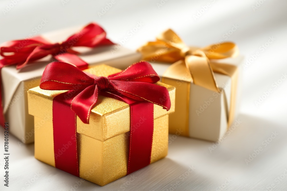 Obraz premium Close-up of elegant luxury Christmas gift boxes wrapped in gold and red paper with satin ribbons, placed on white minimal background with soft shadows, festive and stylish composition