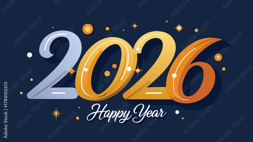 Naklejka premium Happy new year 2026 festive text with elegant golden numbers