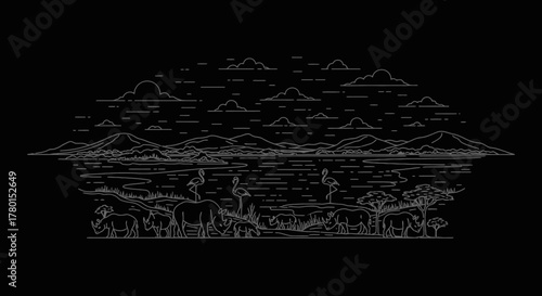 Monoline illustration of an African safari scene showing a diverse group of wild animals like elephants, giraffes, and rhinos against a savanna landscape