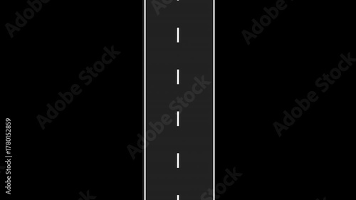 Vertical asphalt road with white line in the black screen. Loop animation
