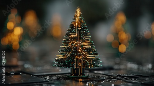 christmas technology Digital Christmas tree with glowing lights and circuit design.