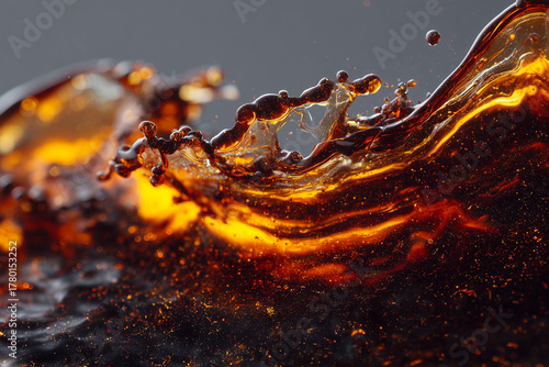 Copper liquid spreading on black glass, macro.
