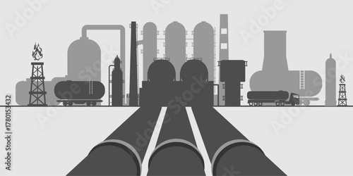 Concept of industrial plant and manufacture building. Energy generation and heavy industry. Oil and gas chemistry factory.