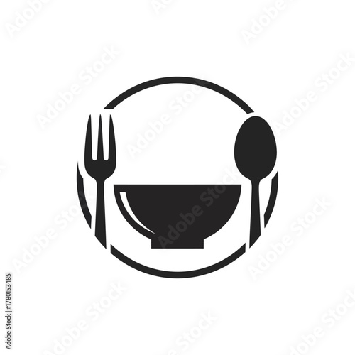 Simple black and white icon representing a meal with a bowl fork and spoon.
