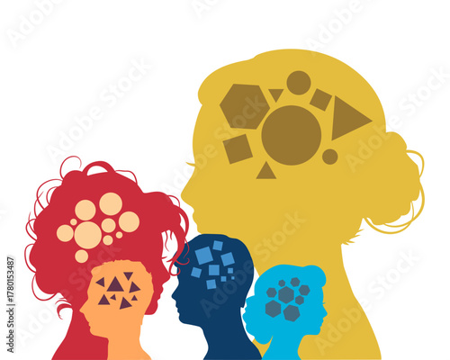 Neurodiversity in men. Logic. Thinking brain. Brainstorming. People with different skills, mindsets or psychological features. Abstract human head profile. Differences in personality characteristics.