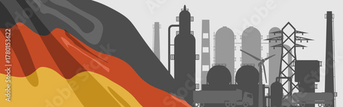 Energy generation and heavy industry of Germany. Brochure template design. Waved national flag. Power supply and generation. Gas, fuel or oil production. Cisterns and pipes, giant industrial complex.