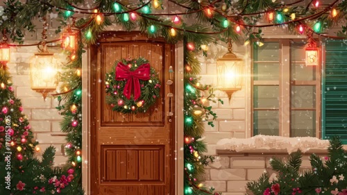 Christmas decorated door illustration with lantern and snowfall animation background. 