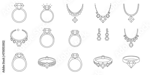 Elegant vector line art collection showcasing a variety of luxurious jewelry, including sparkling diamond rings, sophisticated necklaces, and delicate earrings, ideal for design elements