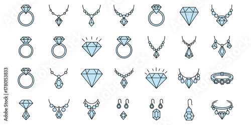 Elegant collection of precious gemstone and diamond jewelry vector icons, perfect for fashion, luxury, and accessory design projects