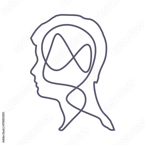 A man head in profile with a tangled ball of nerves, scribbles symbolizing a depressed state of a person. Psychological help. Personality disorder and depression.
