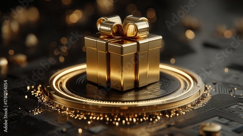 christmas technology Golden gift box on a digital background with sparkling effects.