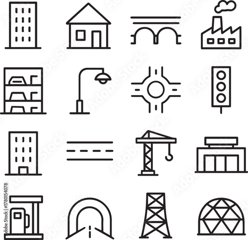 Vector monochrome line icon set about infrastructure