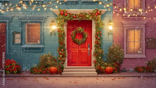 Christmas Door Decor with Festive Home, and Winter Holiday animation background. 