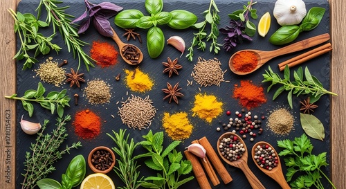 Assorted spices and herbs on a slate board