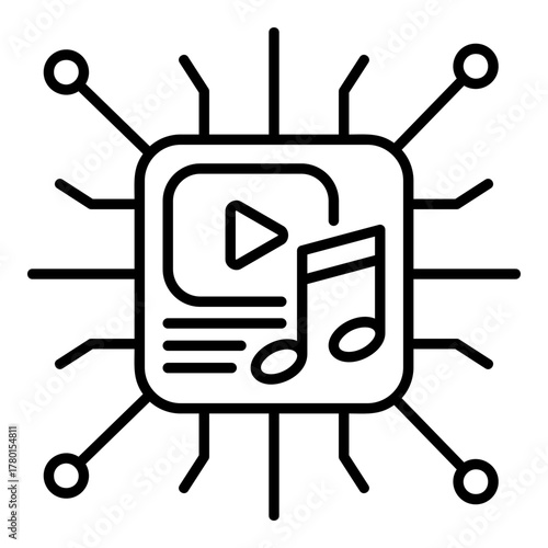 AI Media Processing Chip Icon. Artificial Intelligence in Video and Music Creation - The Core of Generative Content, Entertainment Technology, and Digital Production.