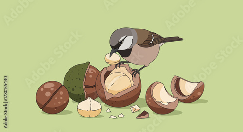 A Bird Eating Macadamia Nuts, Vector Illustration Depicting Animal And Food Concepts