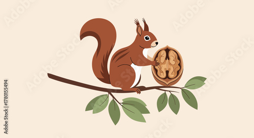 A Cartoon Squirrel Sat Upon A Tree Branch Enjoying a Nut In A Flat Color Style