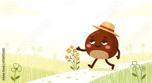 A Cheerful Chestnut Character Embraces Nature's Beauty in a Scenic Field Stroll