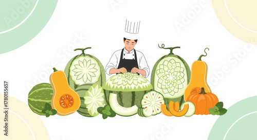 A Chef Expertly Carves Decorative Vegetable Art with Vibrant Fruit and Melons