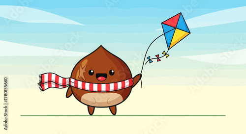 A Cheerful Chestnut Character Plays With A Kite In A Bright And Sunny Sky