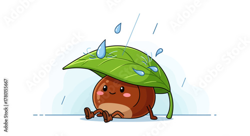 A Cheerful Chestnut Character Shielding Itself From The Rain With A Leaf