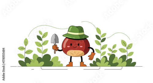 A Cheerful Chestnut Gardener Amidst Greenery, Tending With His Shovel And Hat