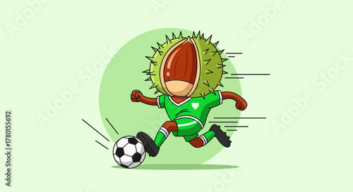 A Chestnut Character Kicks a Soccer Ball in a Dynamic and Energetic Illustration