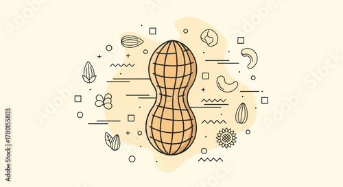 A Creative And Illustrative Design Featuring a Peanut With Surrounding Line Art Outlines