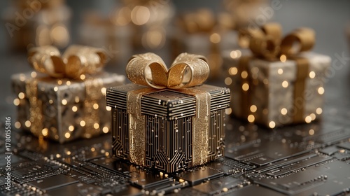 christmas technology Gifts with a digital circuit design and shimmering bows.
