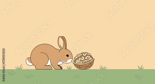 A Curious Bunny Gently Investigates An Interesting Walnut With Some Green Grass