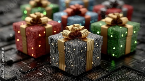 christmas technology Gifts with circuit patterns on a digital background.