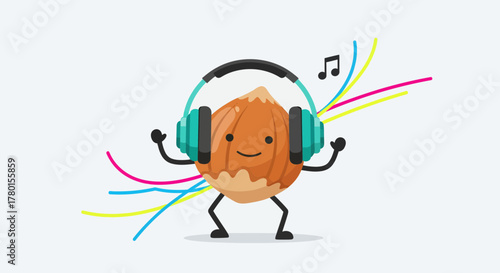A Cheerful Hazelnut Personified Wearing Headphones and Listening to Lively Music