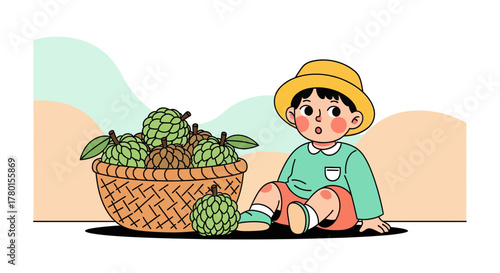 A Curious Child Observes A Basket Overflowing With Tropical Green Exotic Fruits Harvest