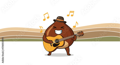 A Cheerful Mascot Chestnut Character Playing Guitar and Singing Melodious Tunes with Musical Notes
