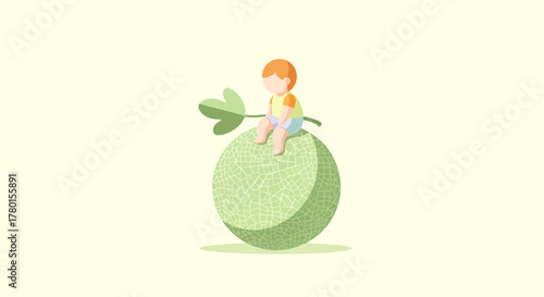 A Curious Child Resting on a Large Melon, Nature Inspired Illustrated Concept