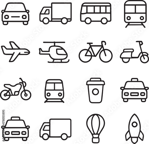 Vector monochrome line icon set about transport
