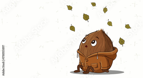 A Curious Coconut Character Admires Falling Leaves In An Autumnal Scene