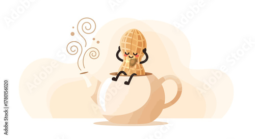 A Delightful Peanut Character Relaxing Peacefully Inside a Teapot, Enjoying Tea Time