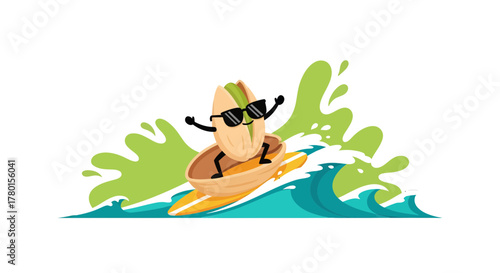 A Cheerful Pistachio Surfer Riding a Wave with Stylish Sunglasses in Summer